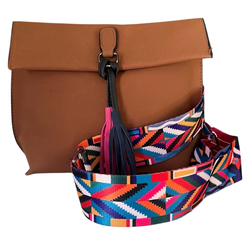 Threaded‎ Pear Brown Leather Crossbody Bag W Colorful Strap Tassel Accent